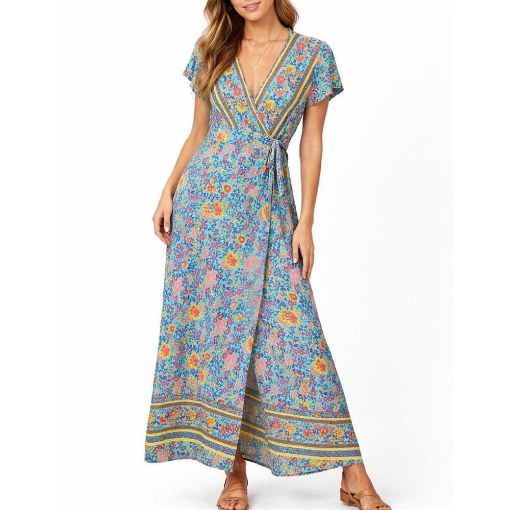 Whimsical Boho Chic Sky Blue Floral Beach Vacation Summer Maxi Wrap Dress Size L